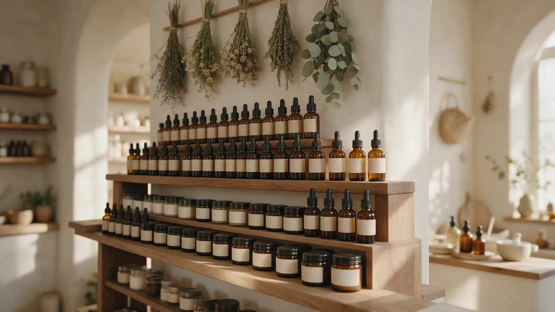 Amber apothecary bottles lined up on old wooden shelves