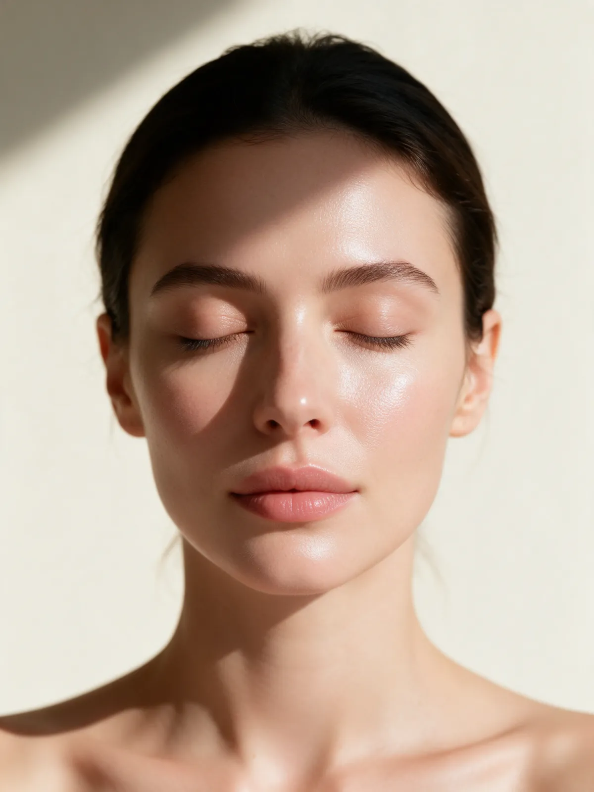 Woman with calm, glowing skin in soft window light