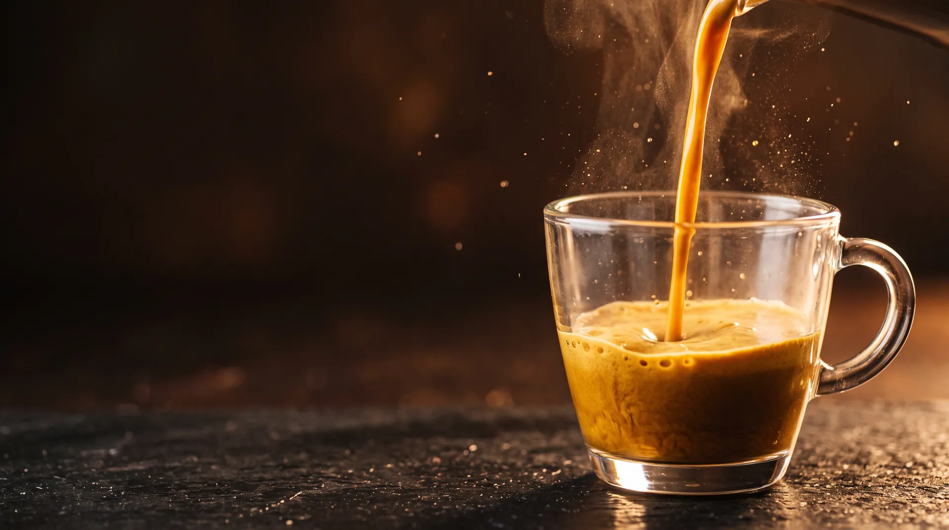 Golden espresso pouring into a glass mug on a dark stone counter