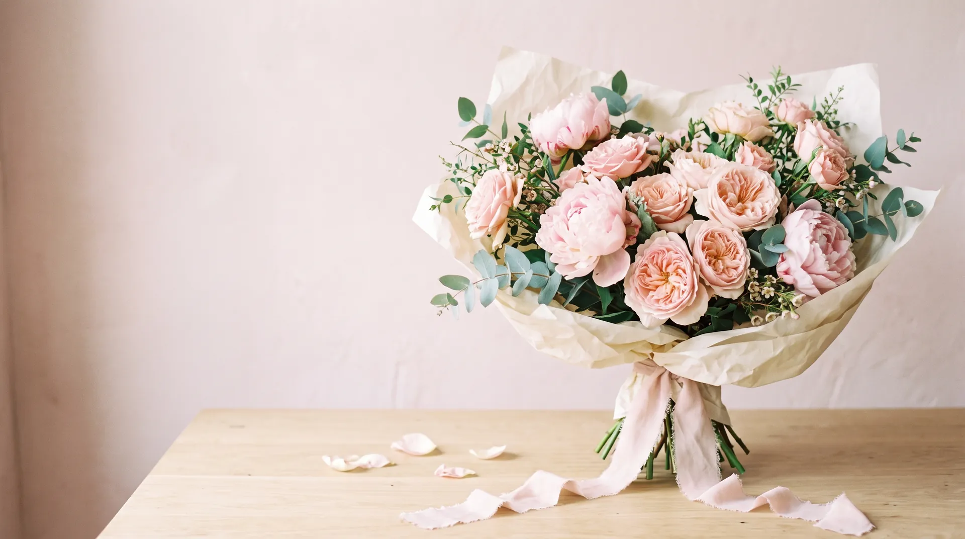Blush peonies and garden roses wrapped in ivory paper with a pink silk ribbon