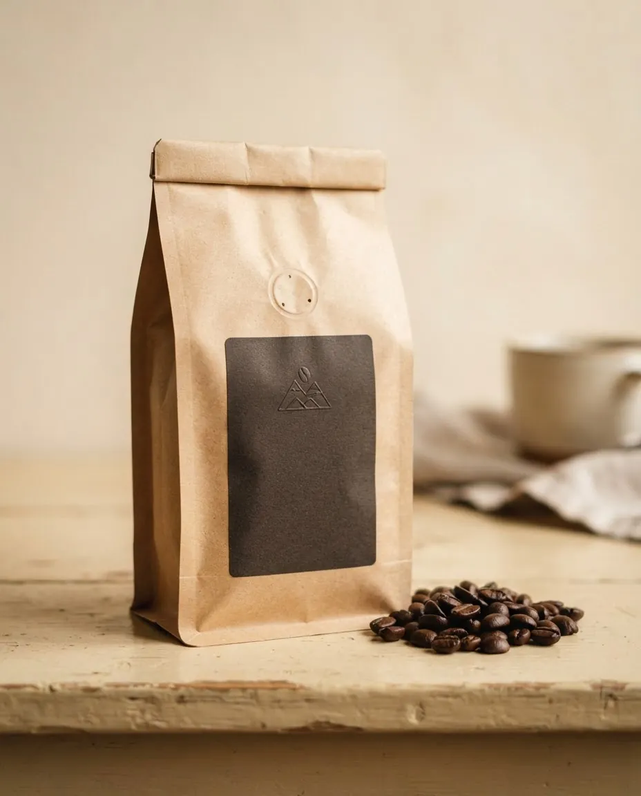 Kraft coffee bag with beans spilling beside it