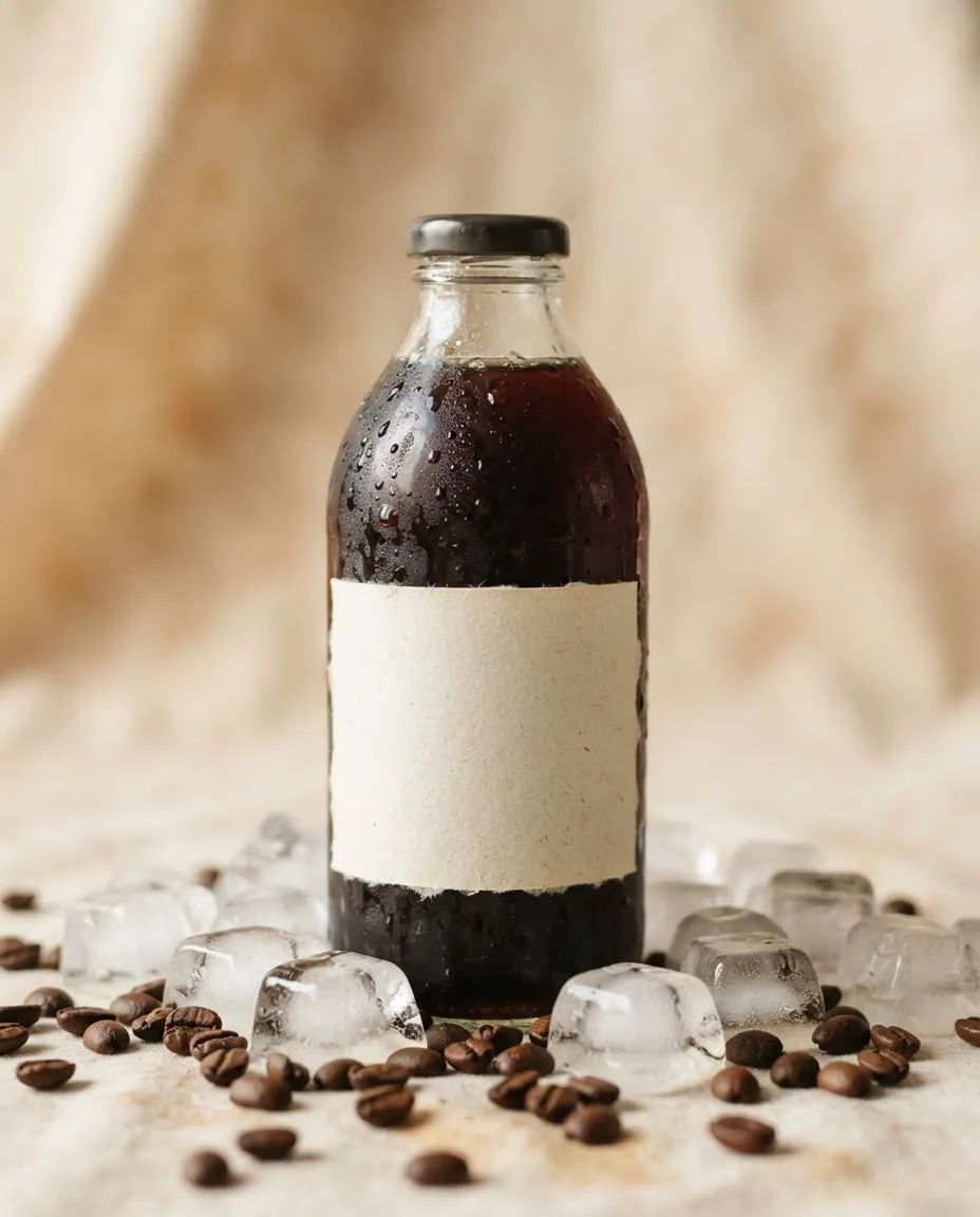 Bottle of Beit Roast cold brew concentrate with coffee beans and ice