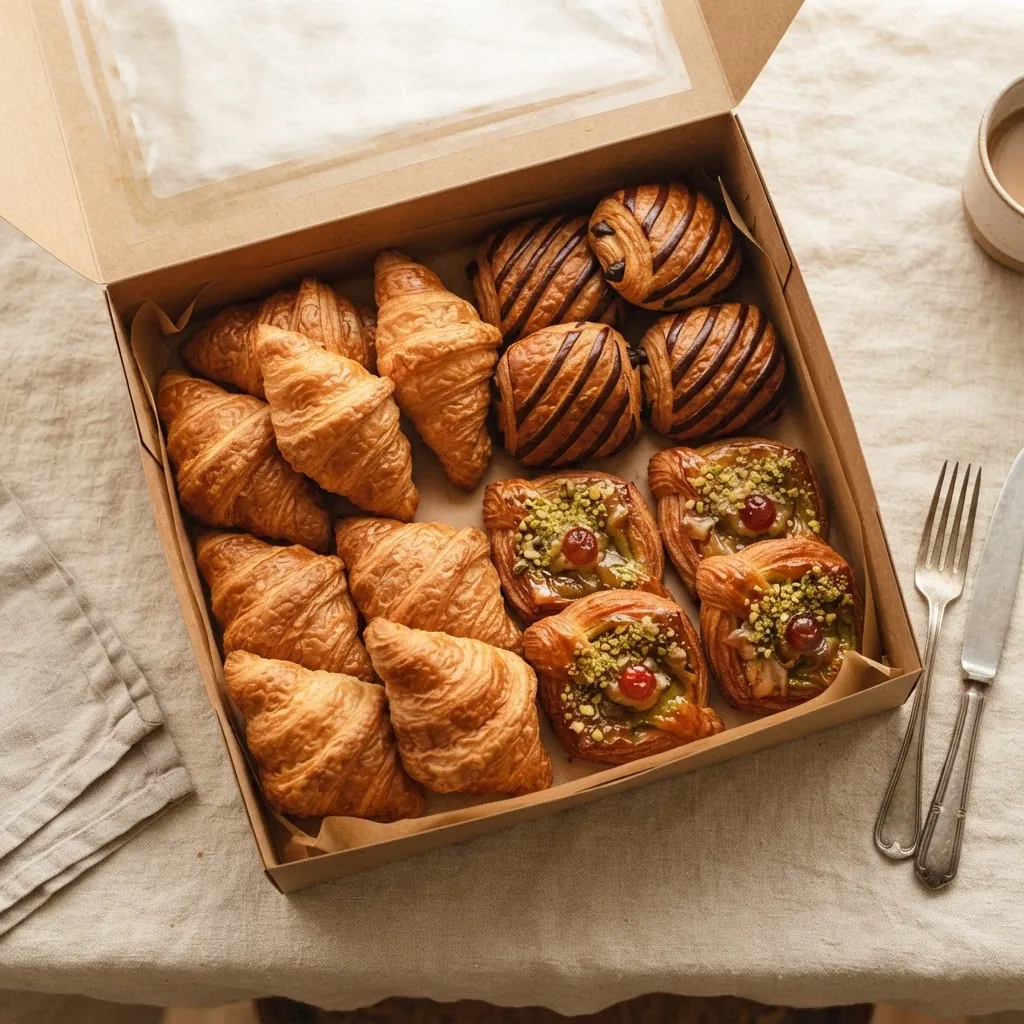 Open kraft box of croissants, pain au chocolat and pistachio danishes