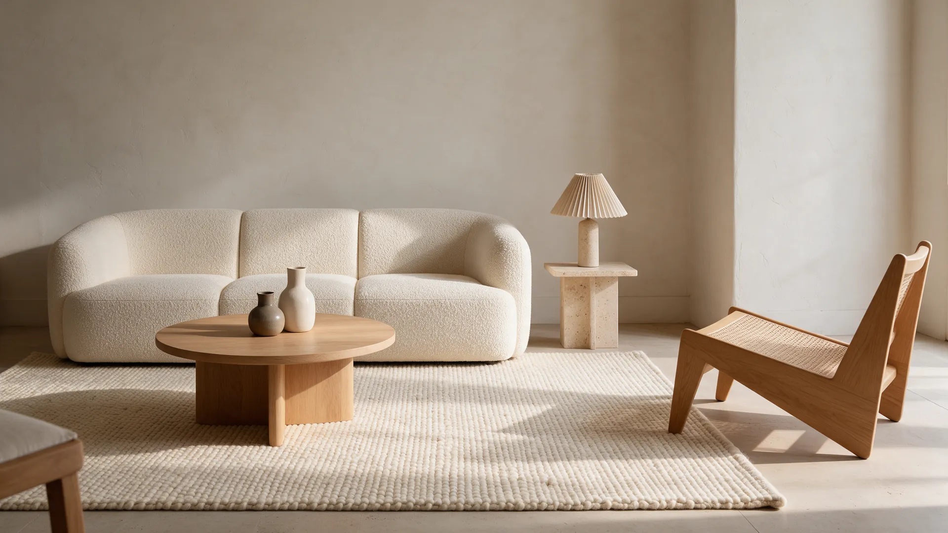 Sunlit living room with a cream bouclé sofa, oak coffee table, travertine side table with a pleated lamp, cane lounge chair and wool rug