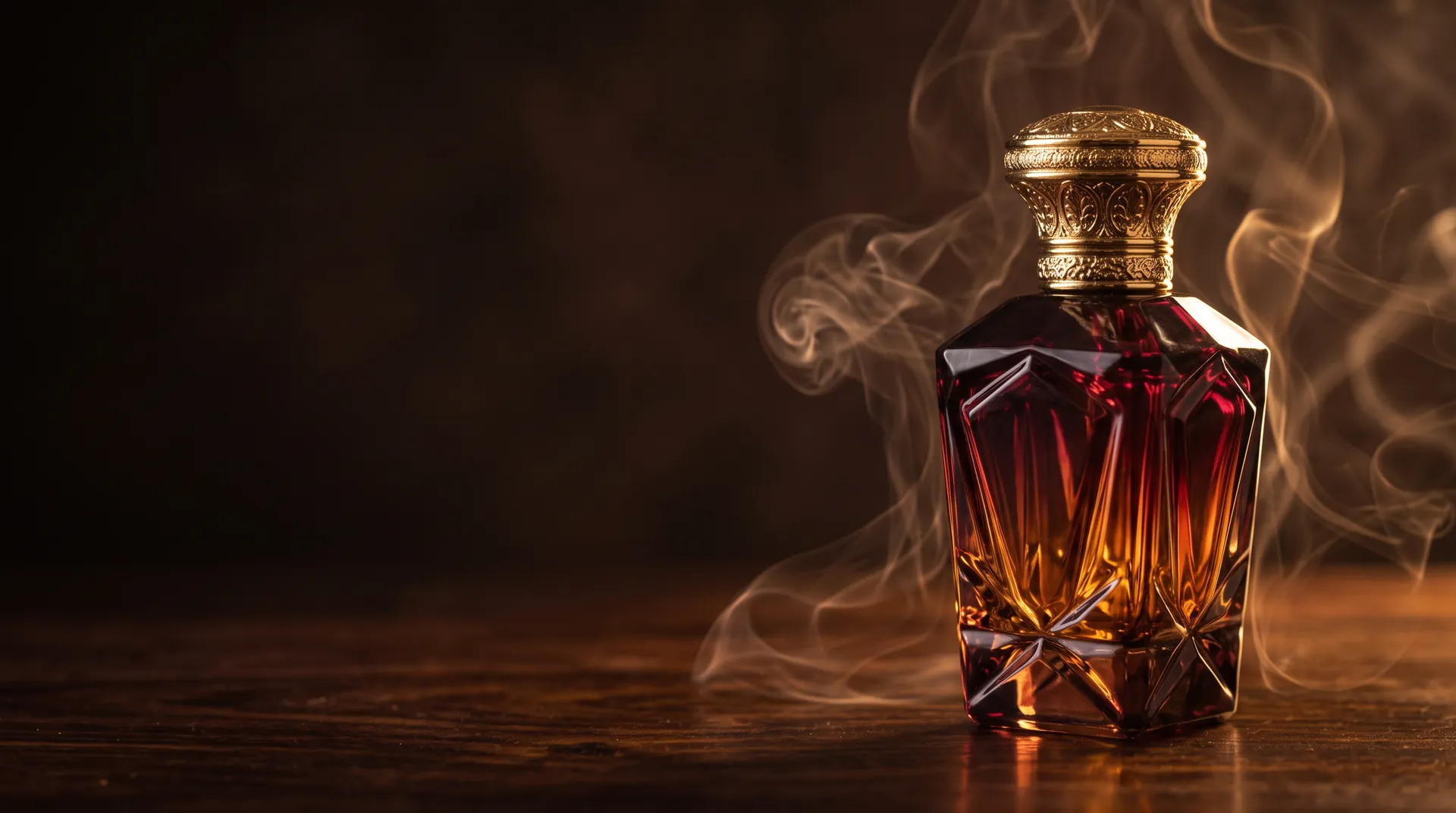 Oud Royale bottle with a carved gold cap, wrapped in drifting smoke