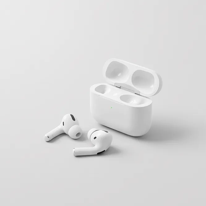 Halo wireless earbuds beside their open charging case