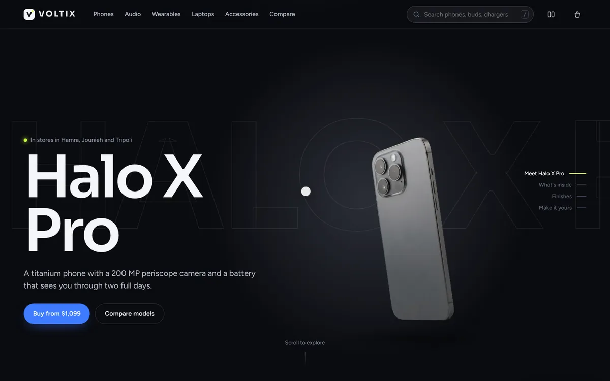 Voltix متجر إلكترونيات — لقطة من العرض الحي