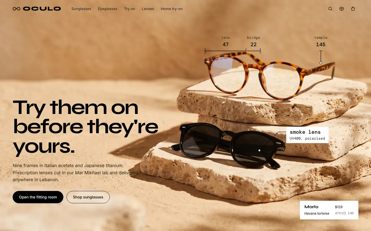 OCULO Sunglasses & Eyeglasses Store — screen from the live build