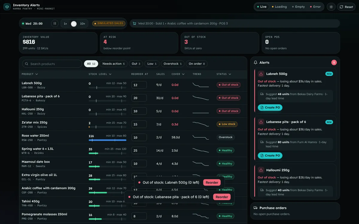 Inventory Alerts — live feature demo