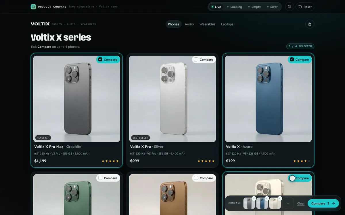 Product Comparison — live feature demo