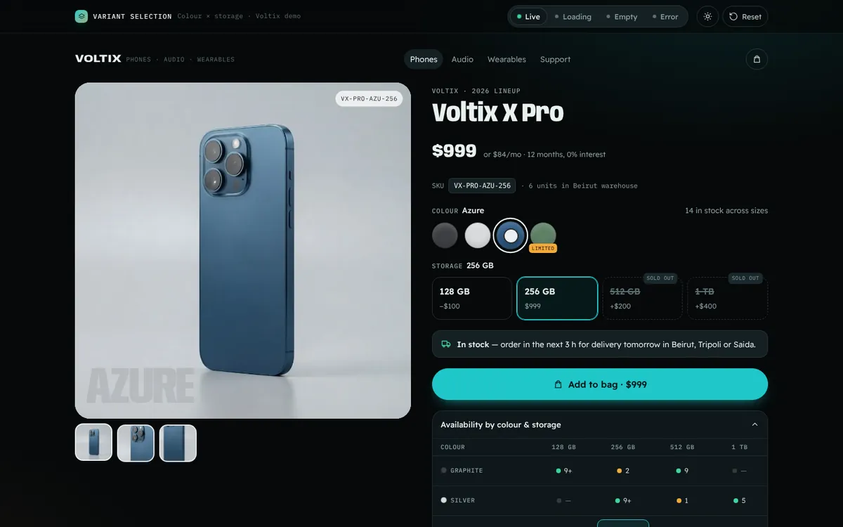 Product Variant Selection — live feature demo