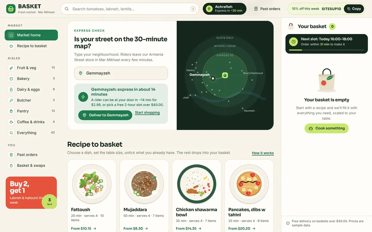 BASKET Online Supermarket — screen from the live build