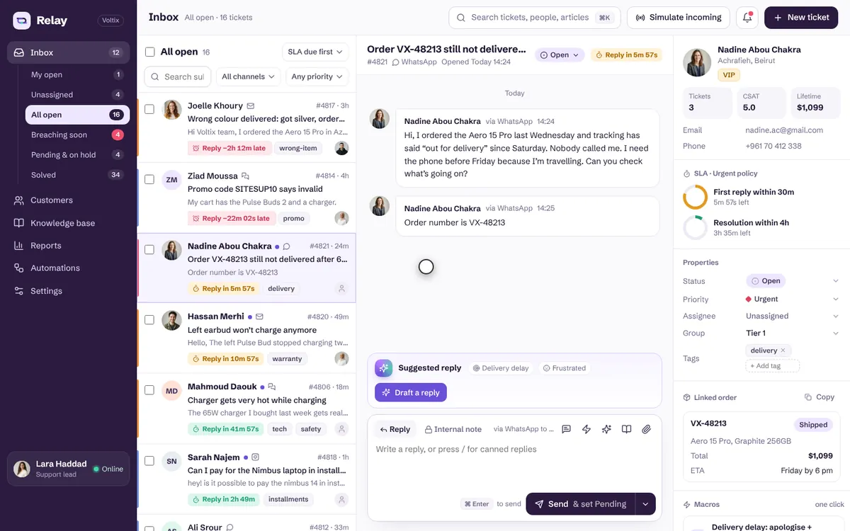 Relay Customer Support & Helpdesk — screenshot of the live demo